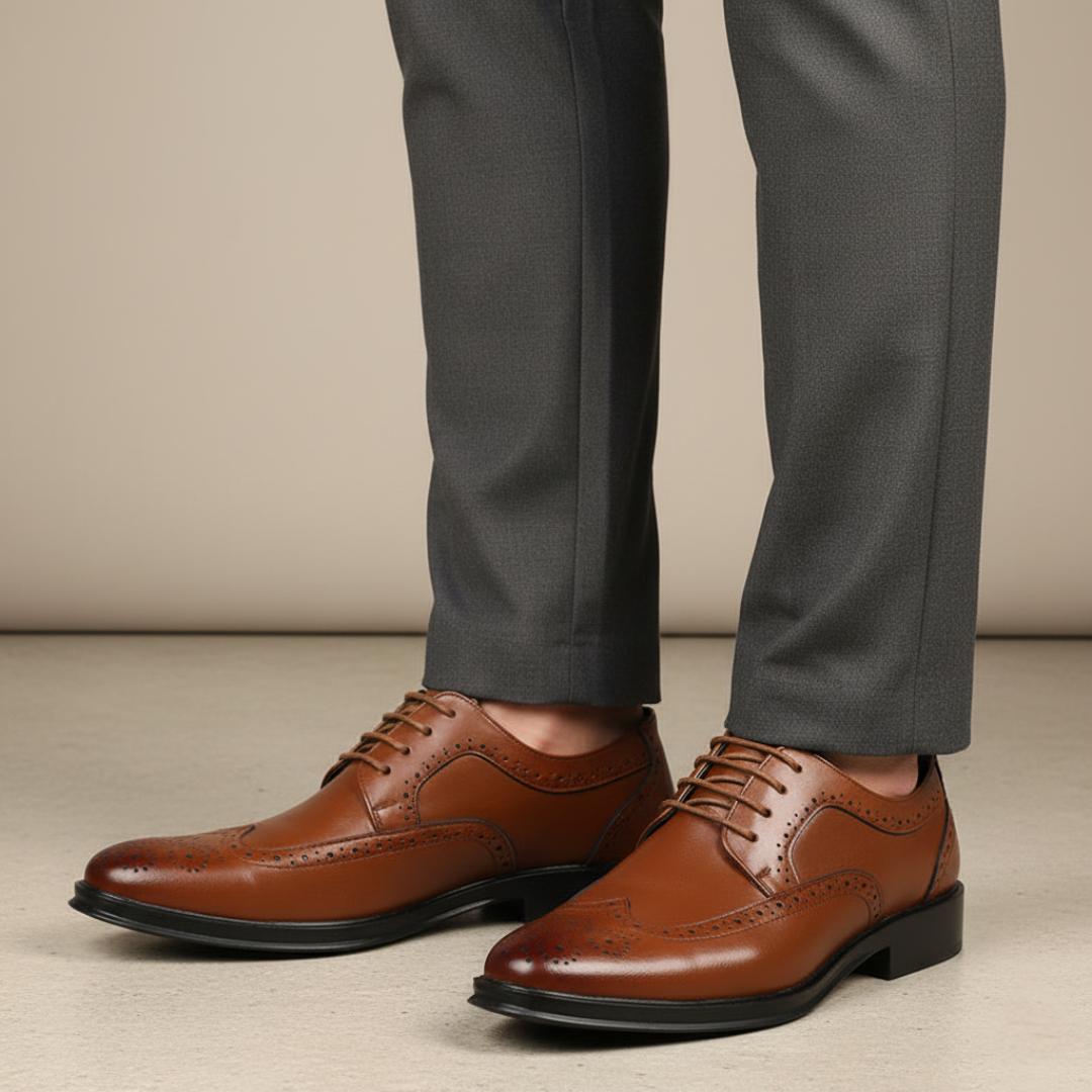 Men's genuine leather brogue shoes with decorative perforations and lace-up closure