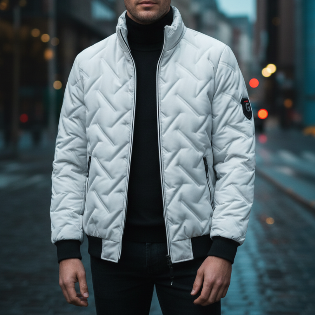 Men's quilted puffer jacket in grey – front view, high collar and zipper closure