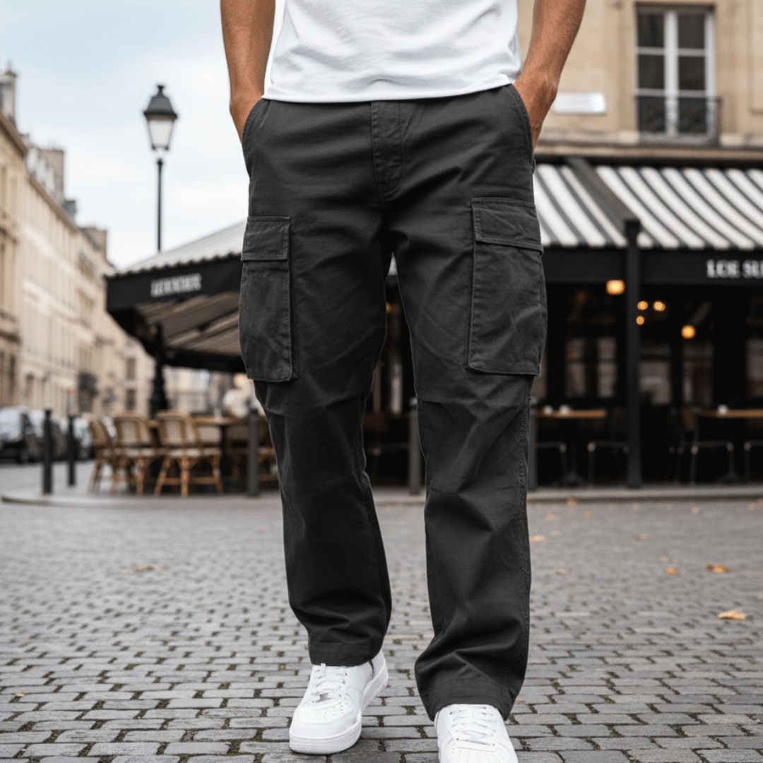Men's cargo trousers in black – relaxed fit, full length, 100% cotton twill
