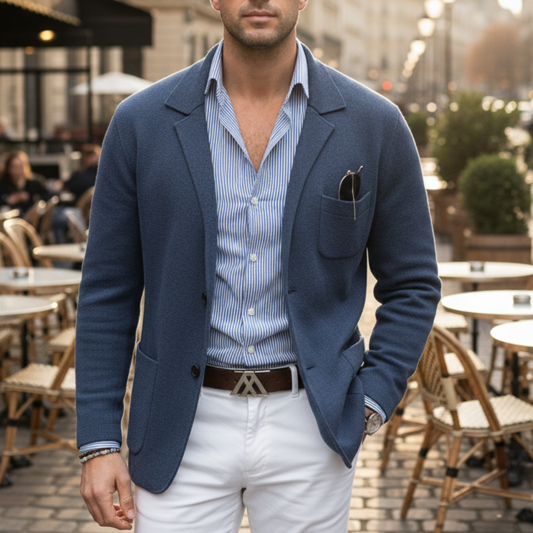 Men's knitted blazer in blue with lapel collar and button closure – Vailoira