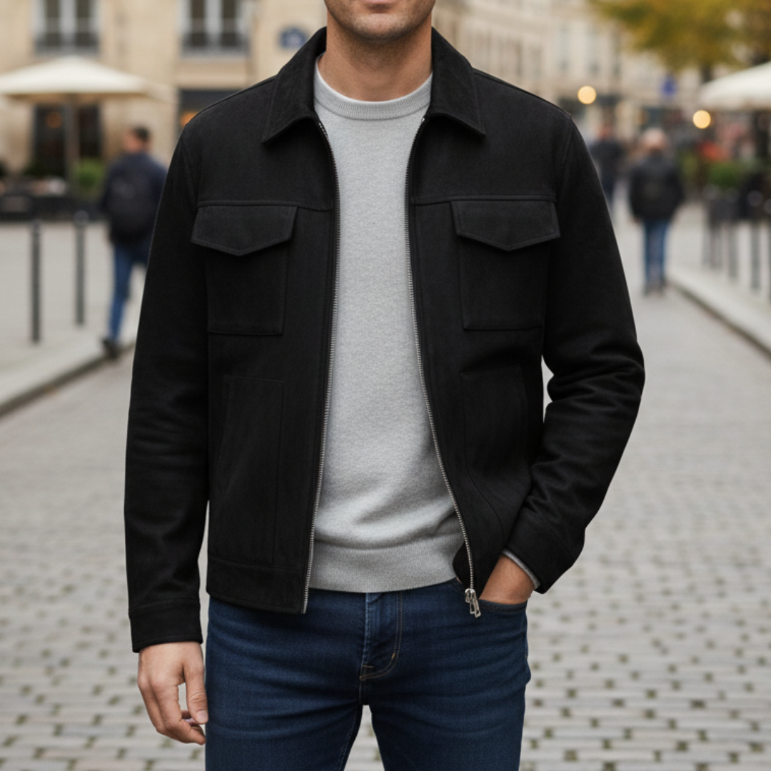 Men's zip-up jacket in black with shirt collar and chest flap pockets – Vailoira