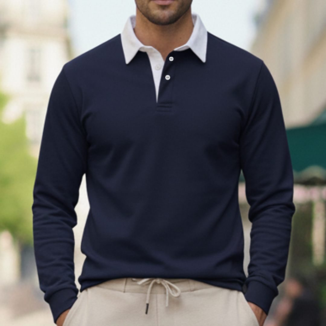 Men's long-sleeve polo shirt full-body front view, available in sizes S to 3XL
