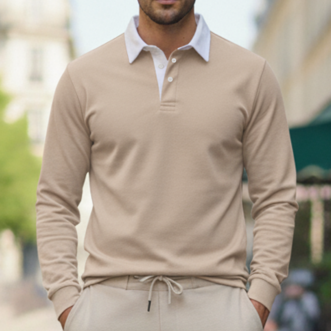 Men's knitted polo shirt with long sleeves and classic button placket, lifestyle view