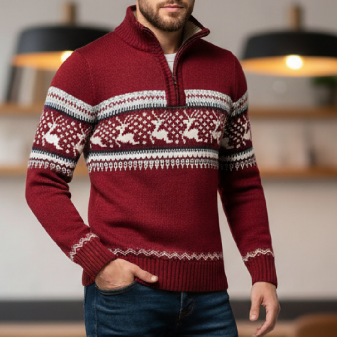 Men's knitted half-zip sweater in red with stand-up collar and regular fit