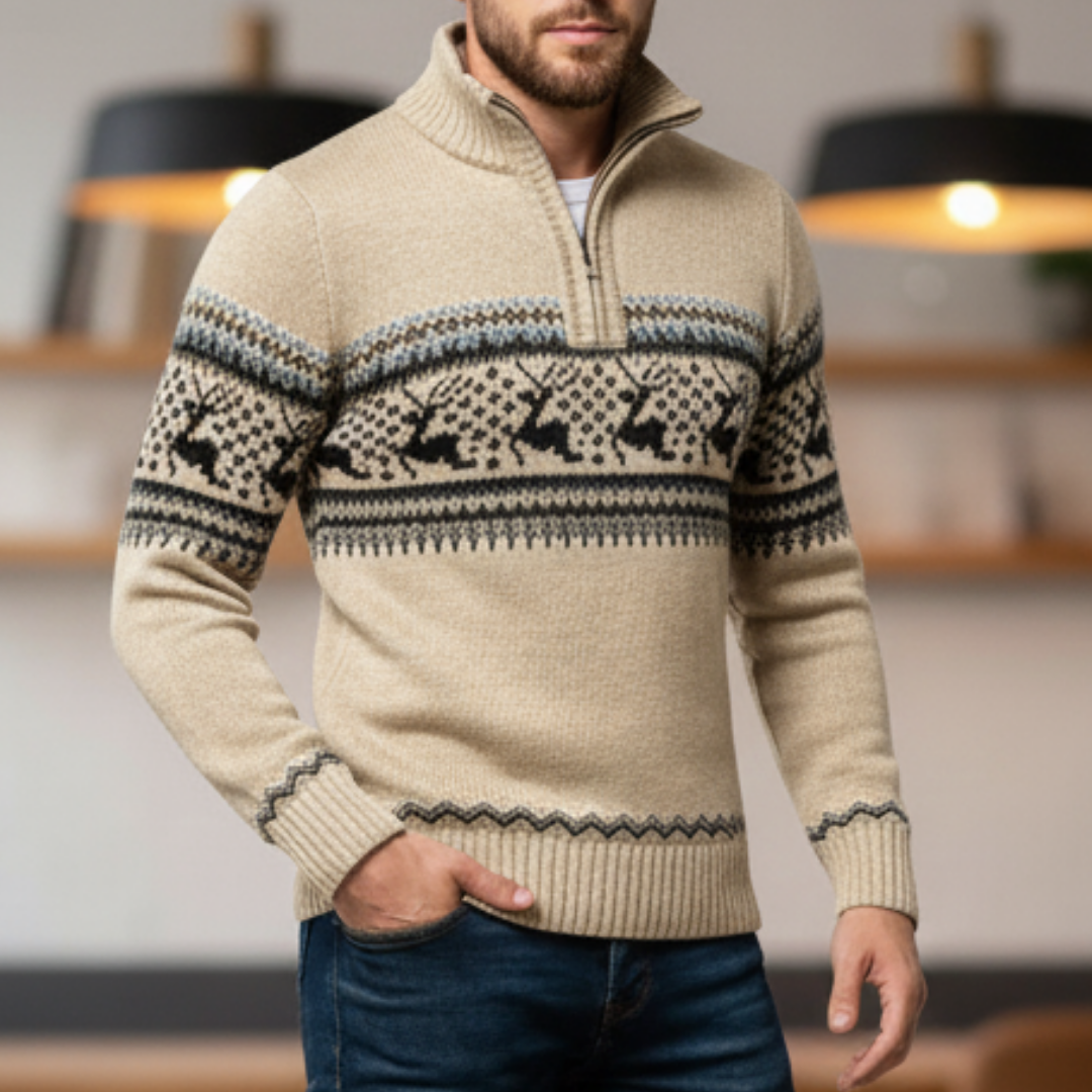 Knitted half-zip sweater for men in beige, regular fit autumn winter style