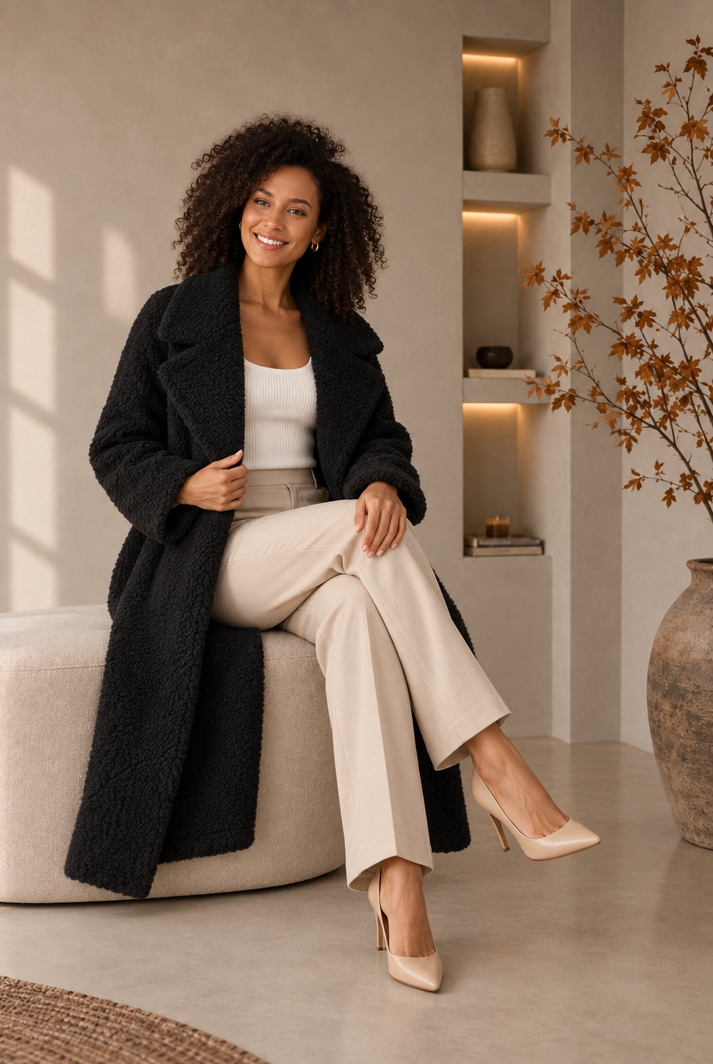 Fuzzy Fleece Coat Open Front Women