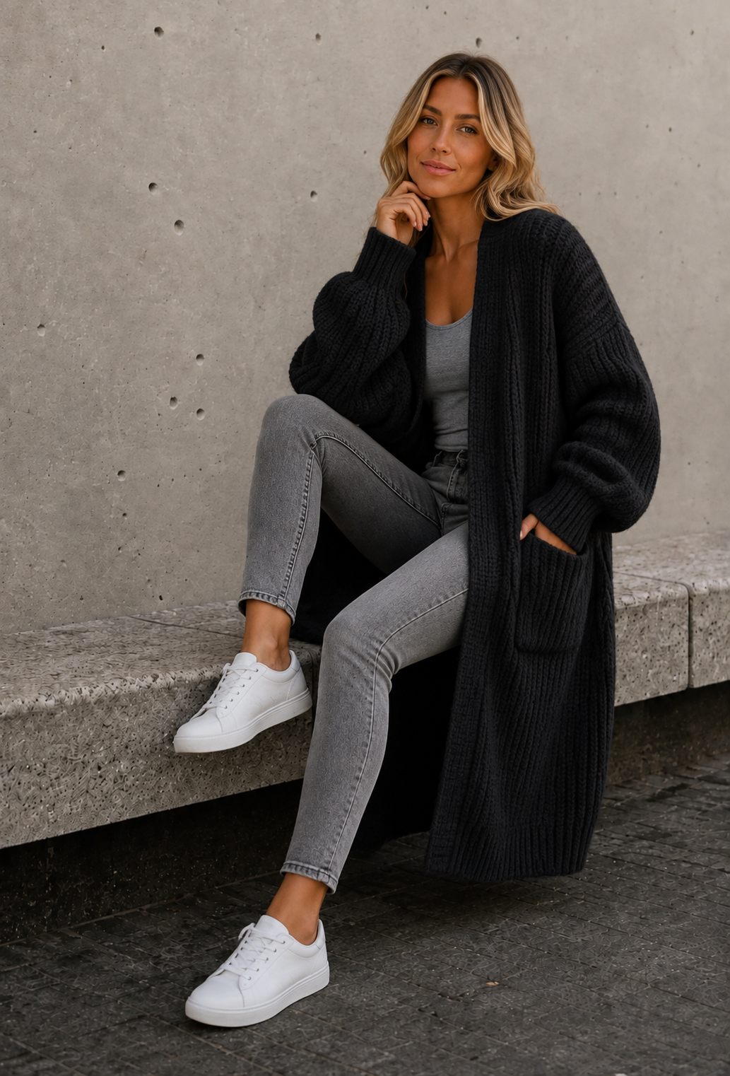 Women's dark gray long knitted cardigan with pockets