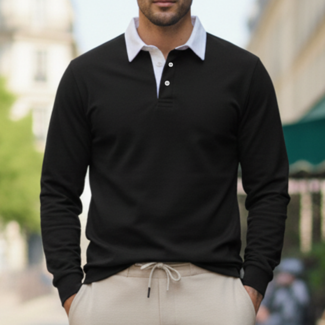 Men's long-sleeve polo shirt close-up of polo collar and button placket detail