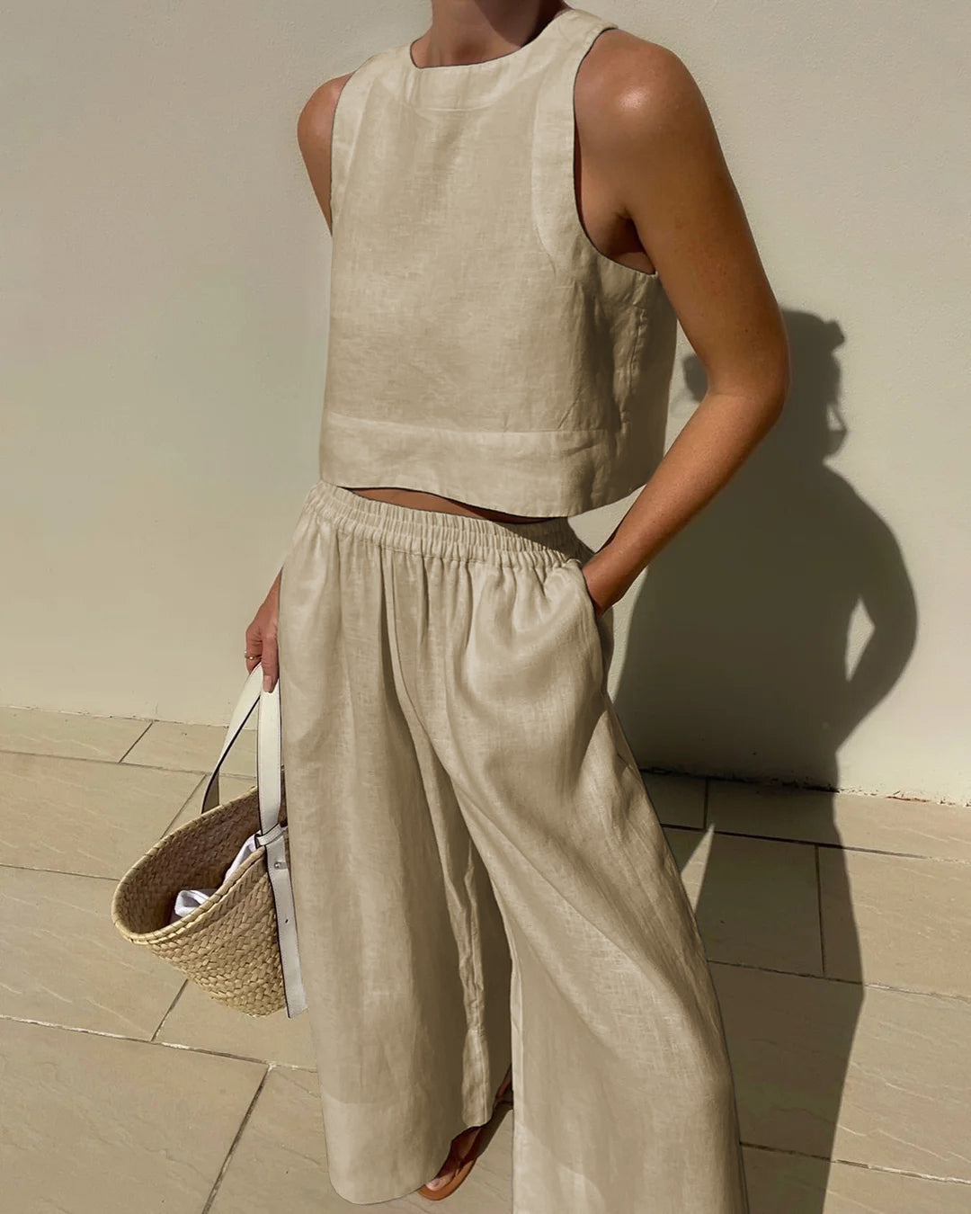 Women's sleeveless linen-blend two-piece set with cropped top and wide-leg high-waist trousers