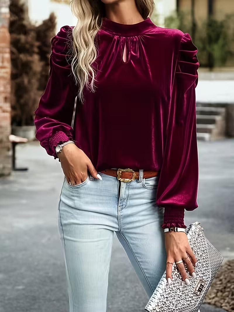 Women's velvet-surface long-sleeve blouse with keyhole neckline detail
