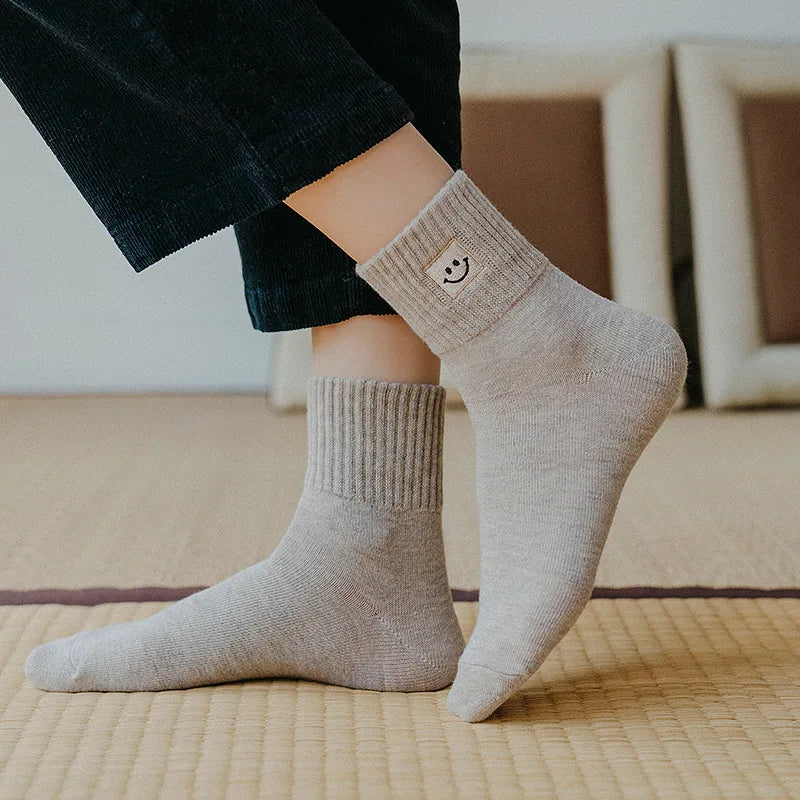 Ribbed cotton-blend ankle socks with graphic smiley print, set of multiple pairs