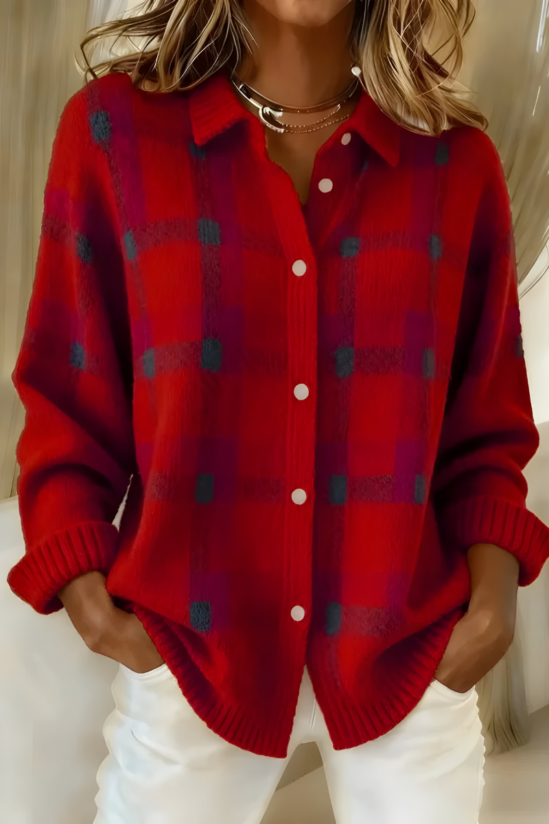 Women's knit cardigan with open collar and front button closure