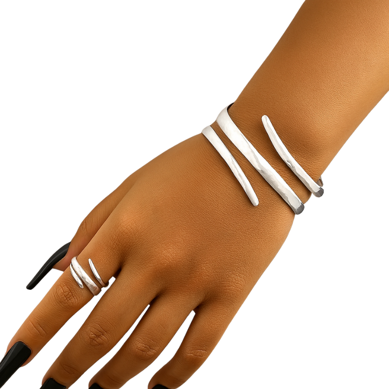 Women's metal alloy jewelry set featuring a matching bracelet and open-band ring
