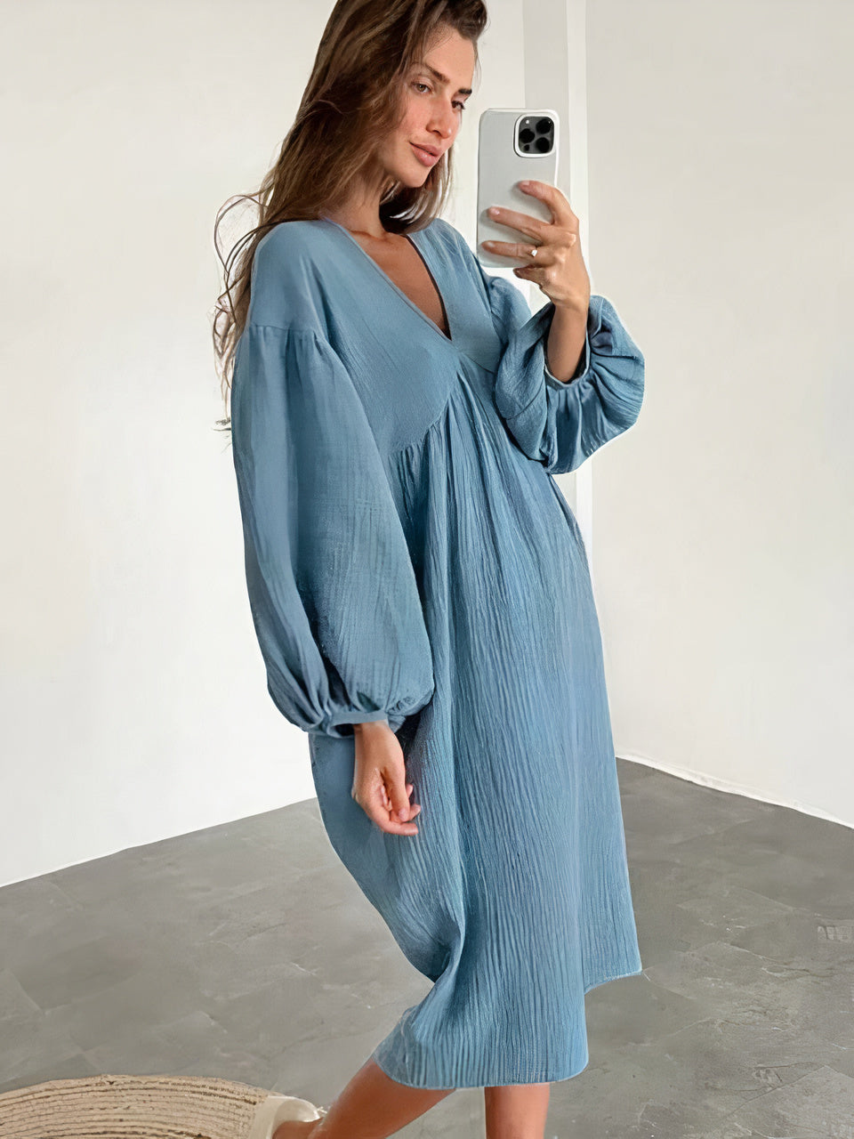 Women's pullover midi dress with gathered V-neckline detail and elastic cuffs, loose silhouette