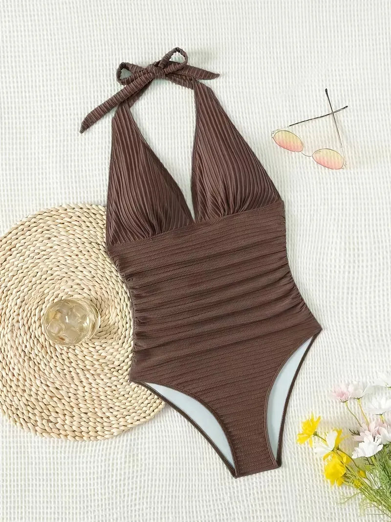 Baddräkt med halterneck och rynkade detaljer för dam Shapewear