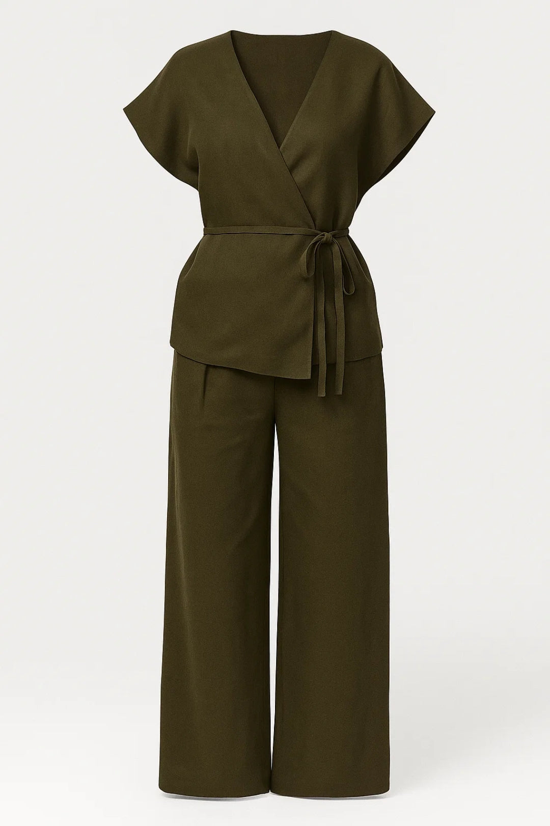 Women's woven fabric wrap top and wide-leg pants set with adjustable tie-waist