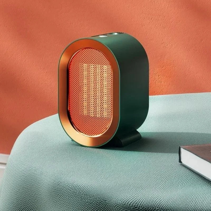Portable mini ceramic heater with compact upright design on a flat surface
