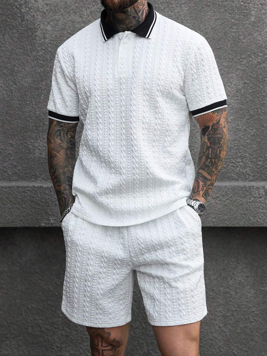 Men's textured polo and shorts set in white with short sleeves and drawstring waist shorts
