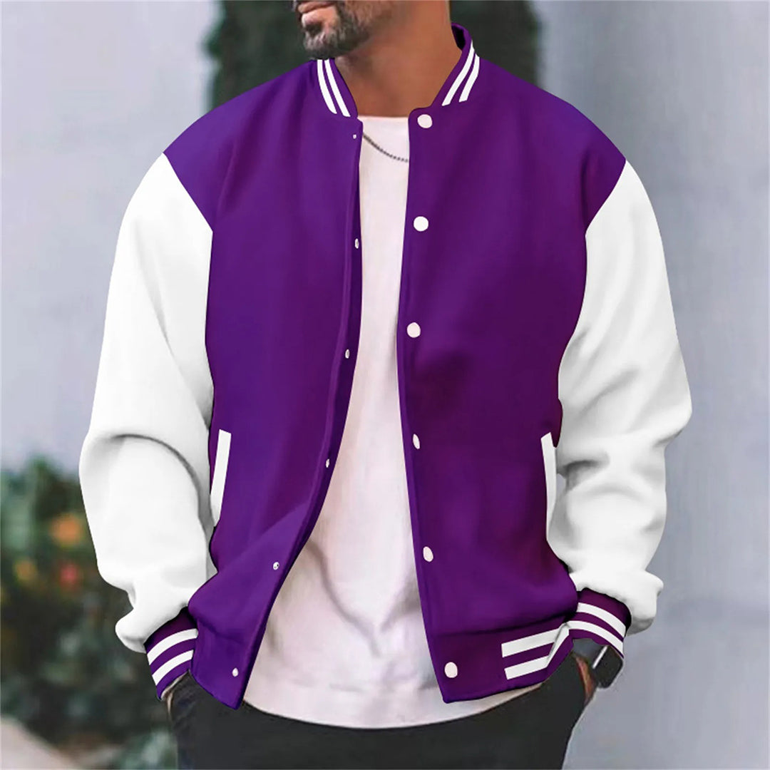 Men's varsity jacket with snap buttons, side pockets, and ribbed cuff detail