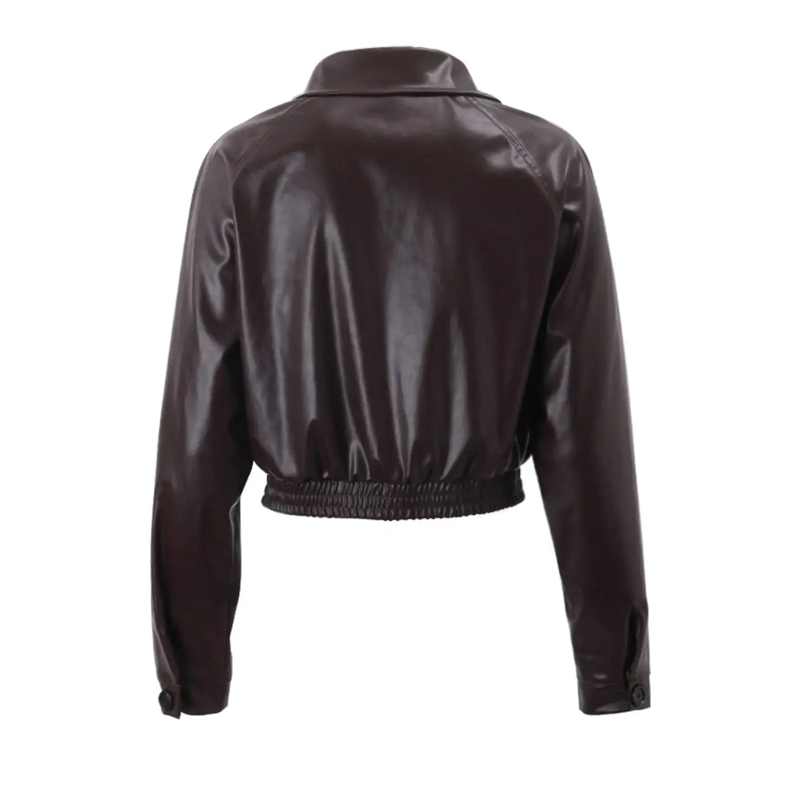 Faux leather look women's jacket with short length and front button fastening