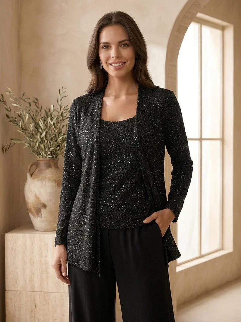 Black embellished three-piece evening set front view women