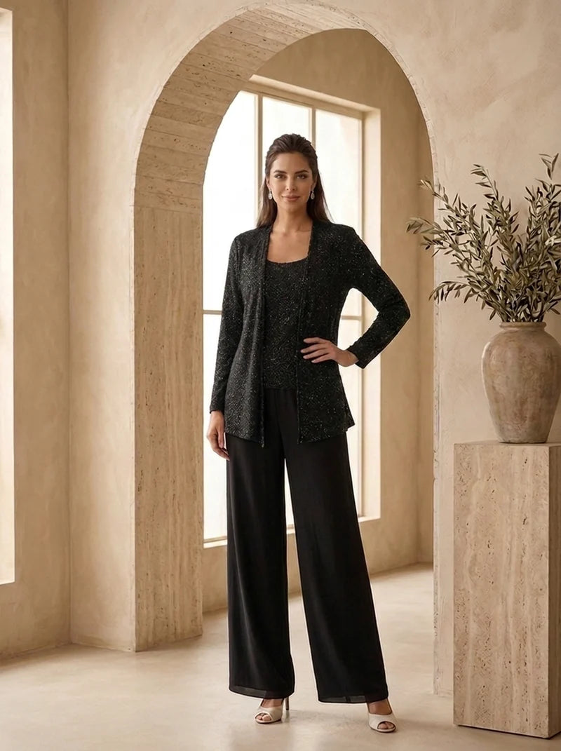 Black three-piece evening set with wide leg trousers women