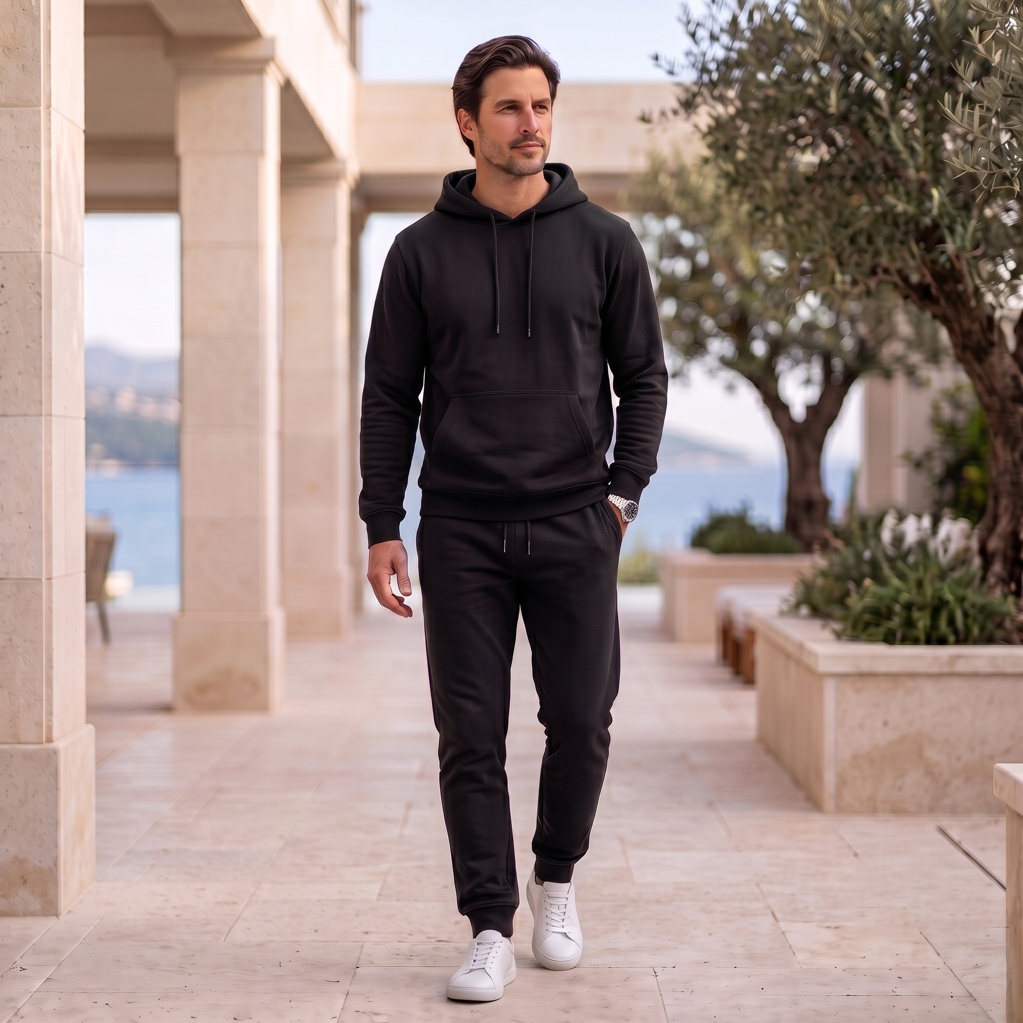 Men's casual hoodie and joggers set with a soft structured hoodie, kangaroo pocket, and tapered joggers with ribbed cuffs