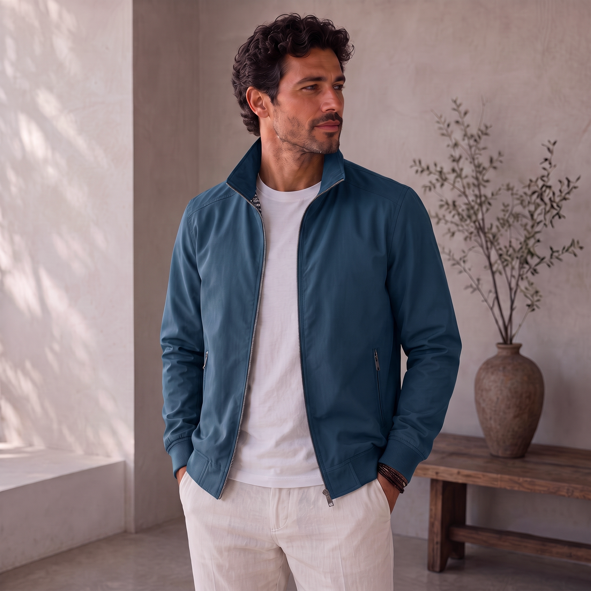 Men's lightweight woven jacket with front zipper and stand-up collar
