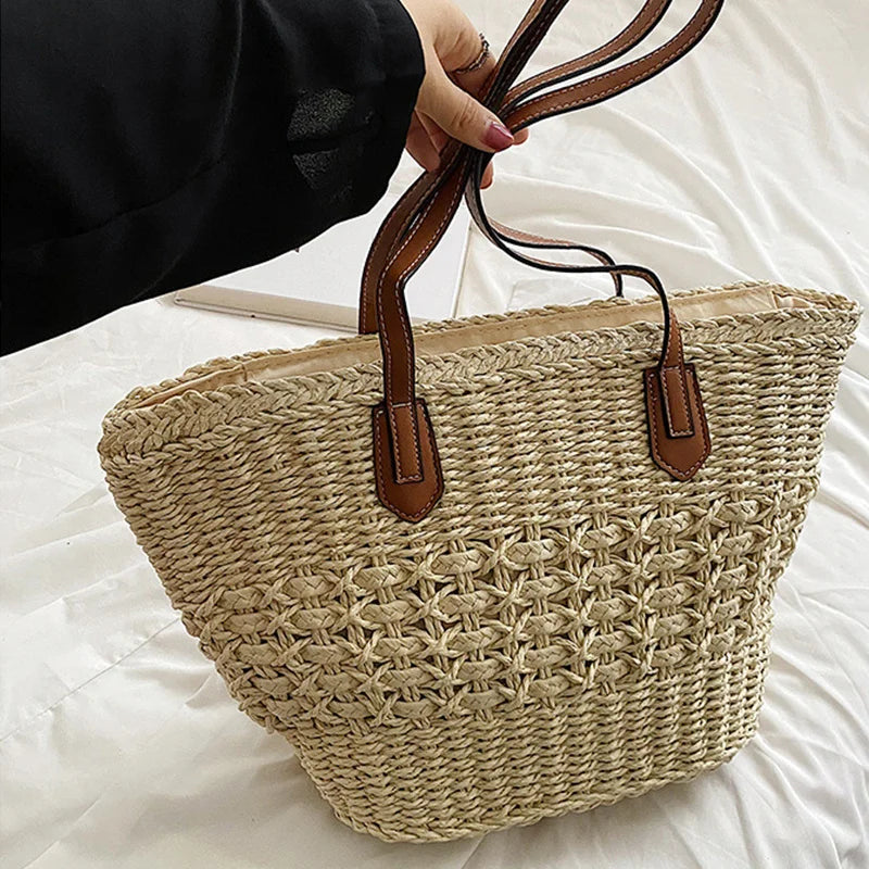 Natural woven shoulder bag with bohemian texture and structured shape