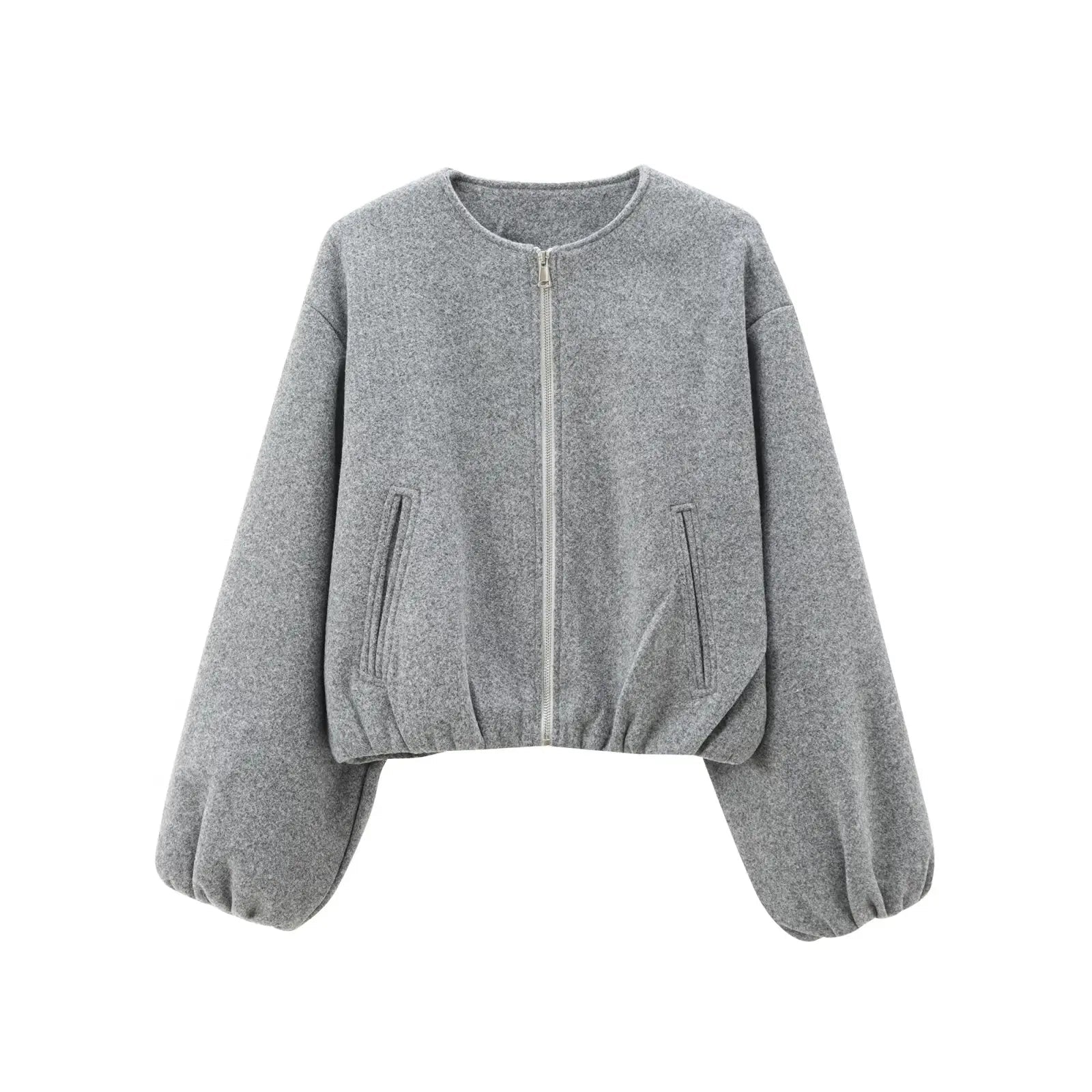 Women's short zip-up jacket with voluminous sleeves and elastic cuffs