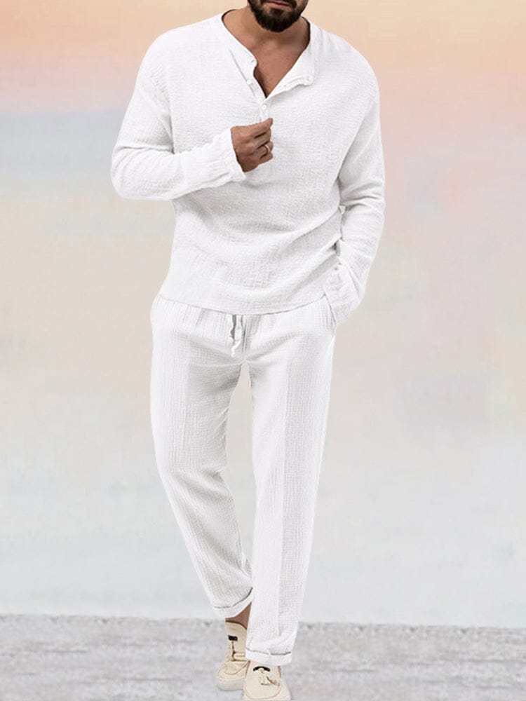 Men's two-piece textured lounge set with long-sleeve Henley shirt and drawstring trousers, front view