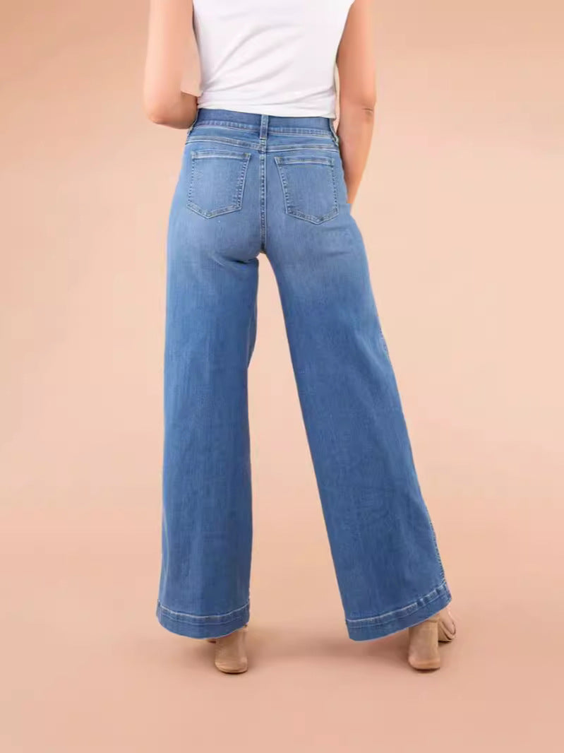 Women's wide-leg denim jeans with high waist and five-pocket design