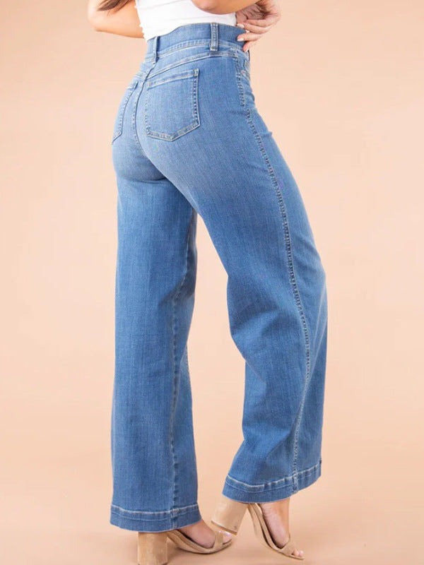 Full-length wide-leg jeans in cotton blend denim for women