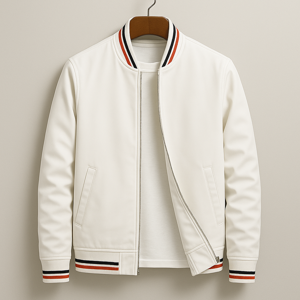Slim-fit men's bomber jacket featuring contrast stripe ribbed trim and front zipper