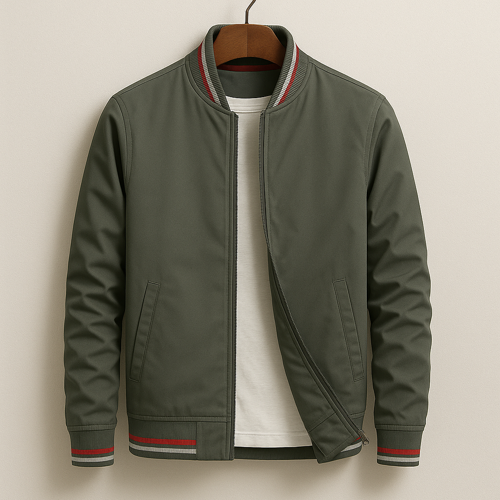 Men's sporty bomber jacket with ribbed hem, striped details, and side pockets