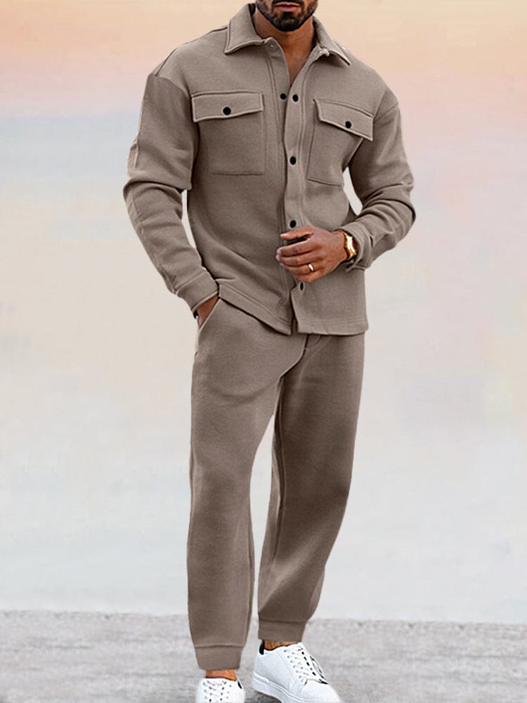 Men's two-piece set with button-up shirt and matching jogger pants, front view