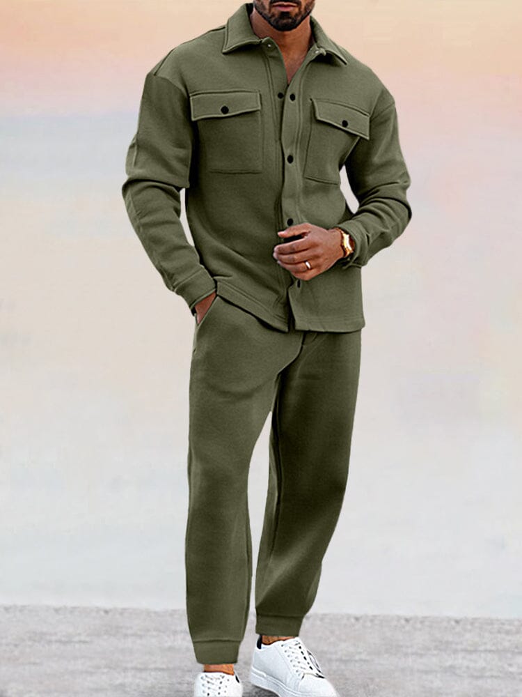 Men's two-piece set with relaxed fit button-up shirt and coordinating pants, back view