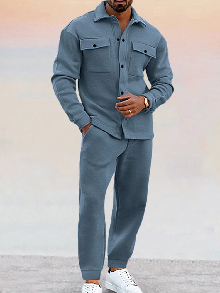 Men's woven two-piece set with shirt collar and side-pocket jogger pants, full-length view