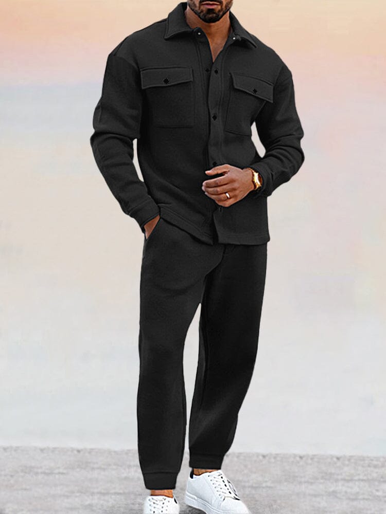 Men's casual matching set with button-up top and jogger pants, detail close-up view