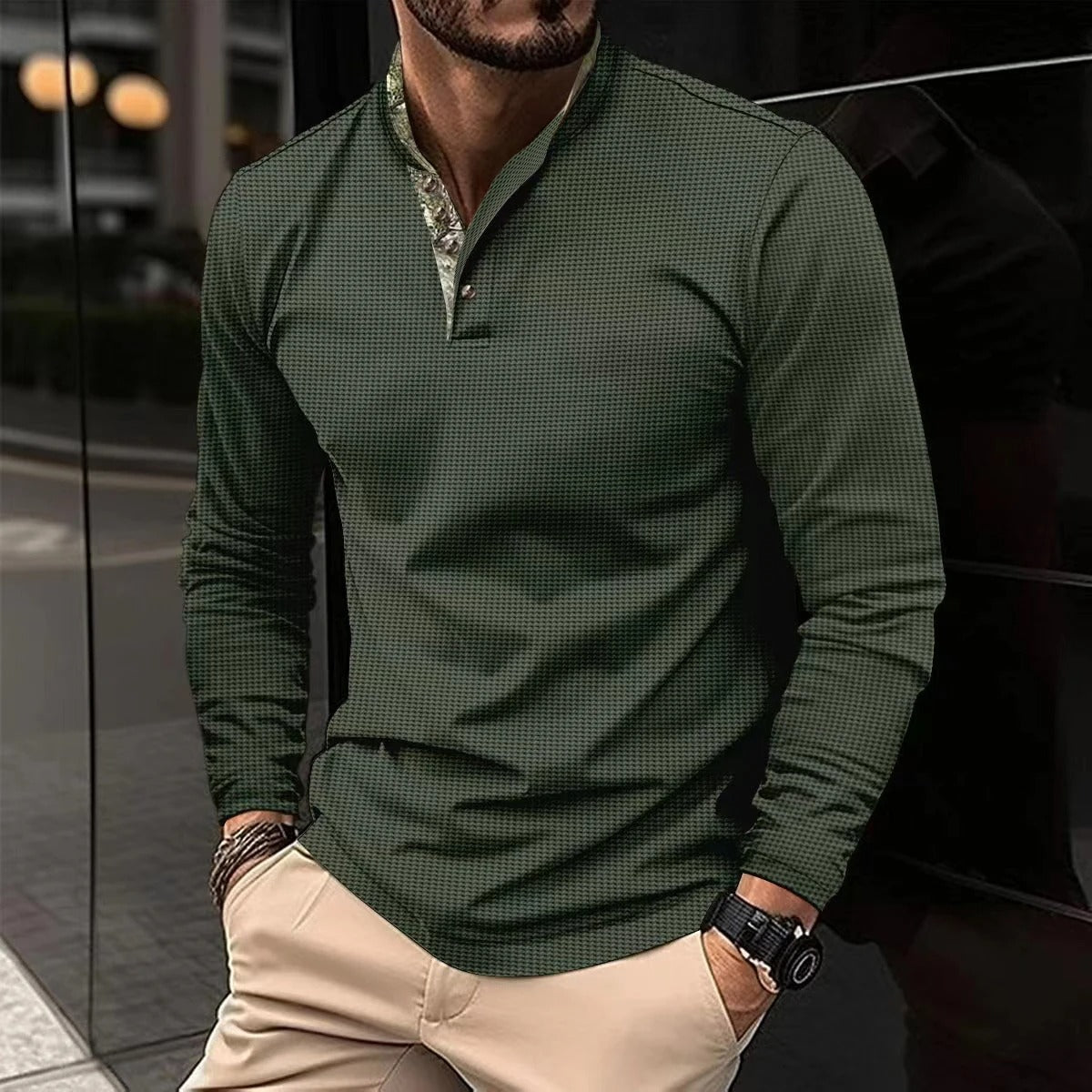 Men's Henley shirt showing button placket and textured fabric detail
