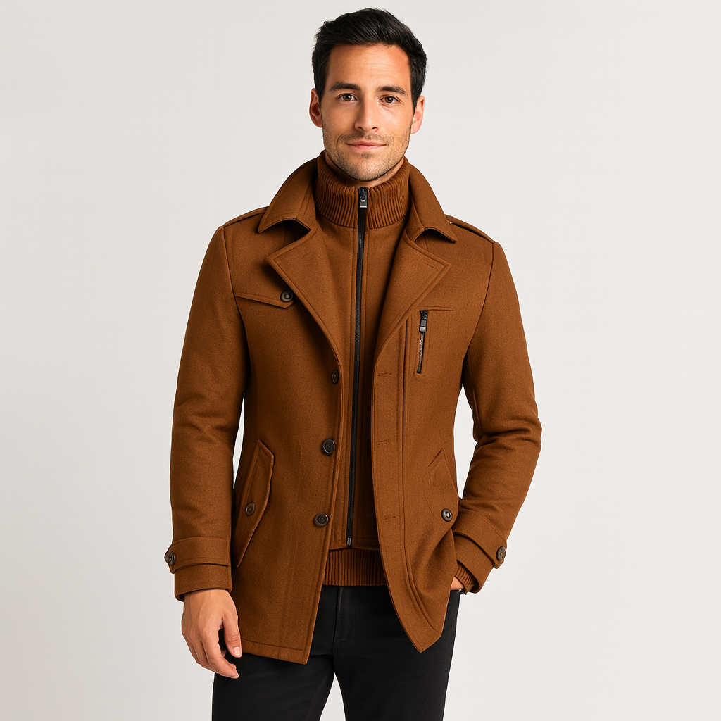Men's structured wool blend coat with front button closure and stand-up inner collar