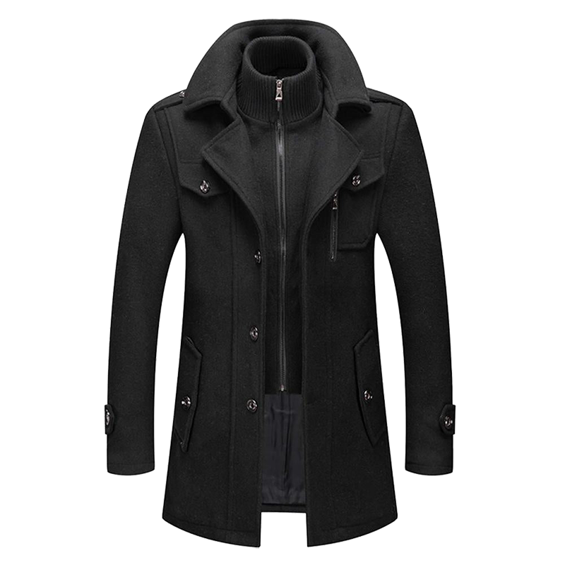 Structured men's coat in wool blend fabric with internal zipper and button front