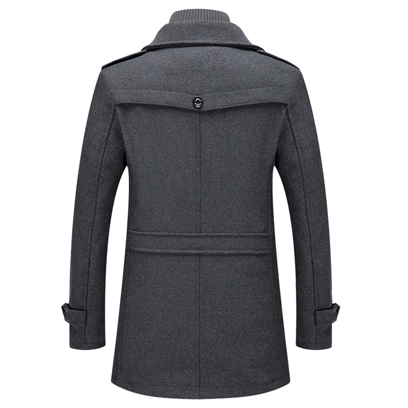 Men's tailored wool blend coat with stand-up inner collar and front buttoning