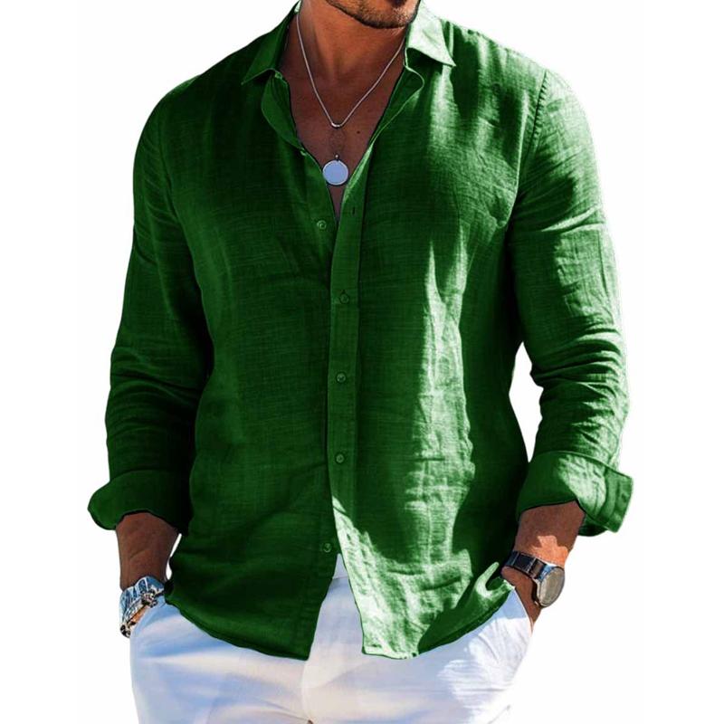Men's relaxed-fit polyester shirt with front button closure and long sleeves