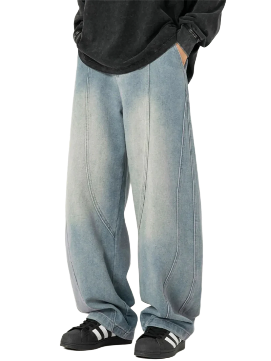 Men's denim panel jeans with full-length wide leg and standard waistband with belt loops