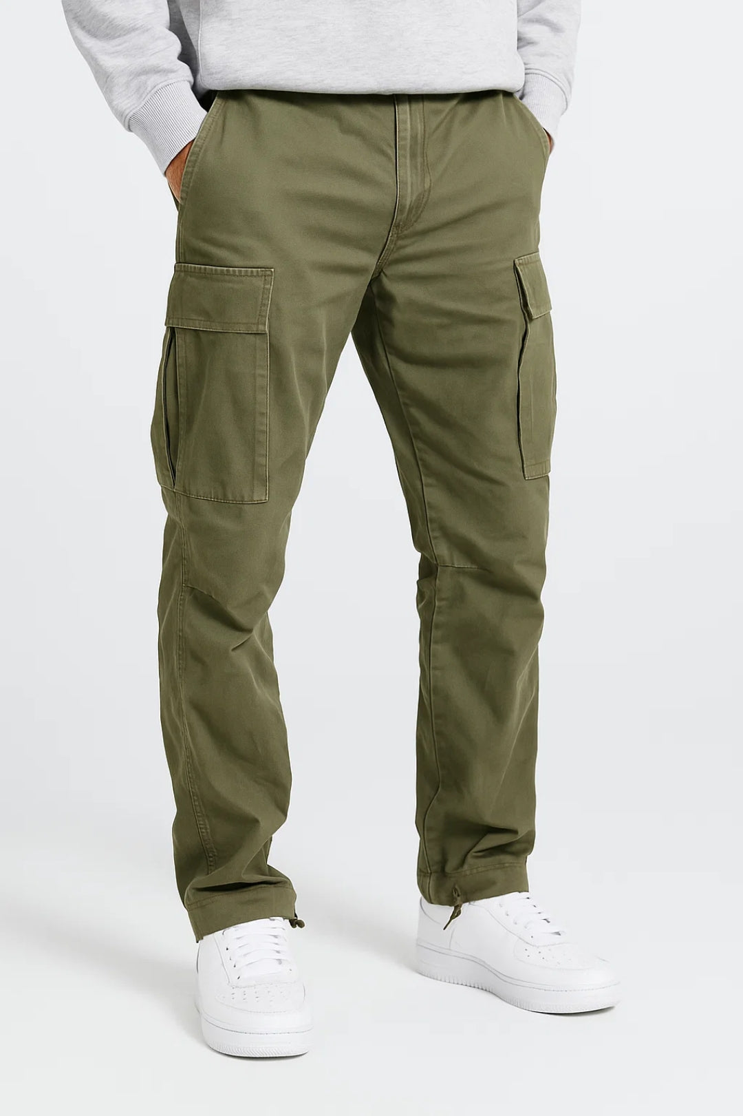 Men's straight-fit cargo pants with multiple cargo pockets, mid-rise waist, and adjustable leg cuffs