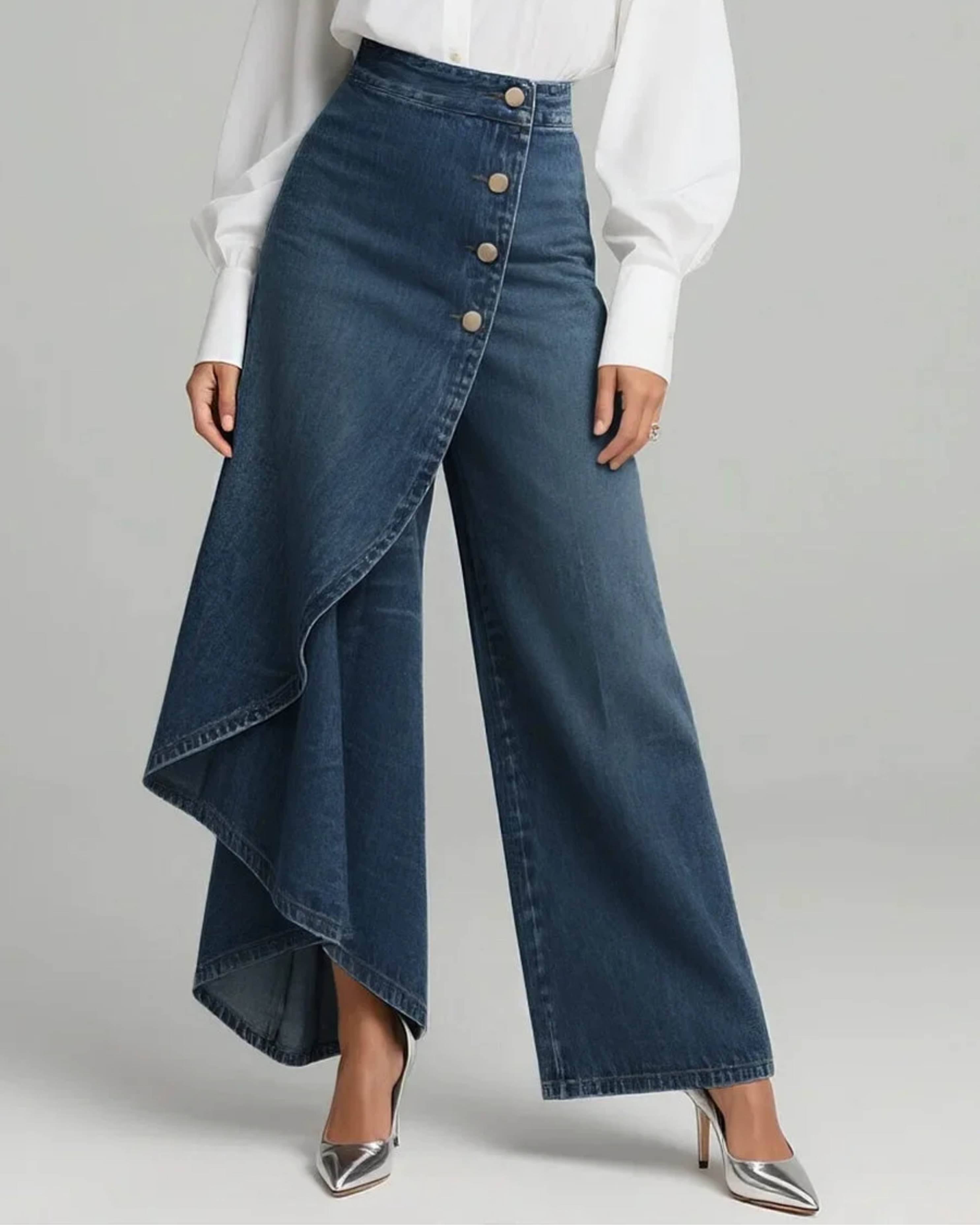 Women's wide-leg denim wrap pants with side button closure and full-length cut
