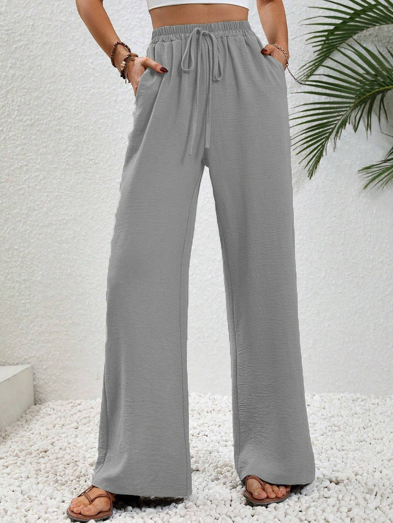 Women's everyday wide-leg pants with adjustable waist drawstring