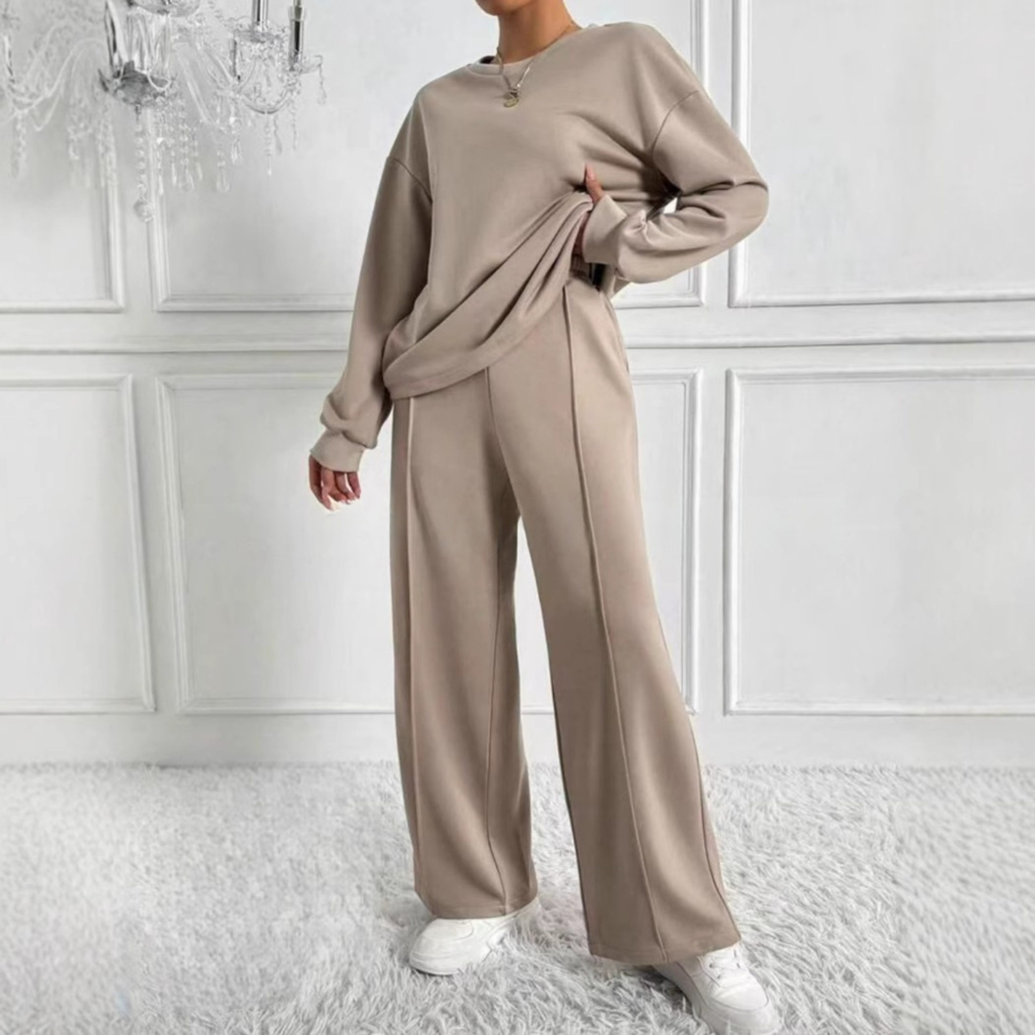 Women's matching long-sleeve sweater and wide-leg trousers set with elastic waist in polyester