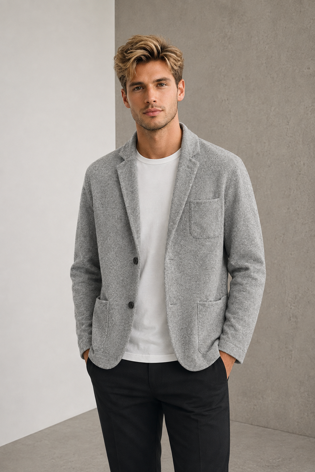 Men's gray tailored fit jacket with lapel collar